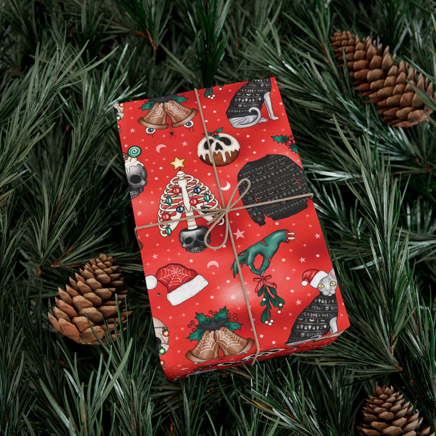 Goth Christmas Kitsch Skulls, Cats & Zombie Hands Red Eco-Friendly Gift Wrap Paper