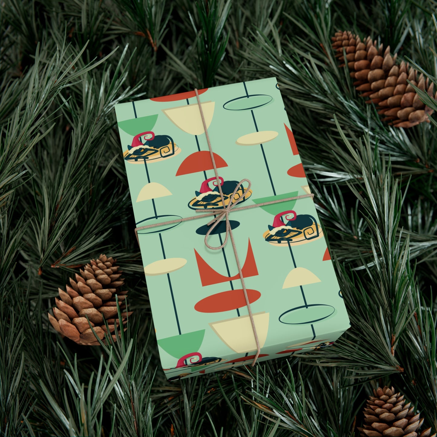 Retro 50's Atomic Cat Christmas Kitschy Mid Century Modern Green Eco-Friendly Wrapping Paper