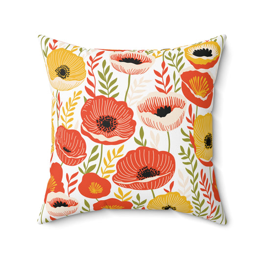 Retro 60s Mid Century Mod Poppies Floral Cottagecore Yellow, Orange & Green Throw Pillow