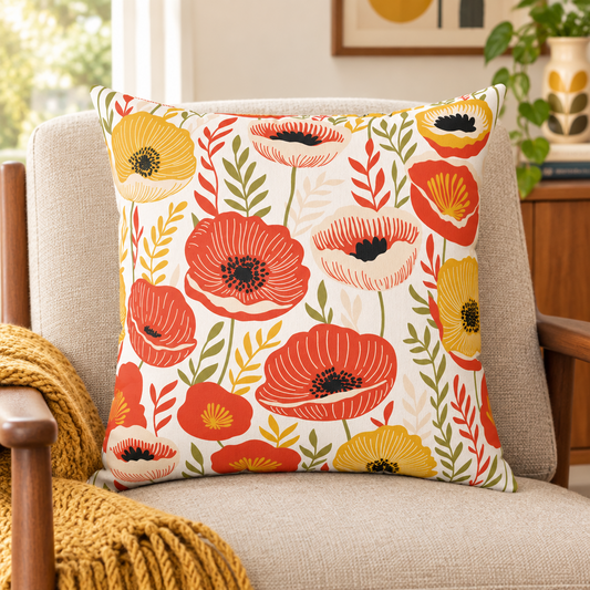 Retro 60s Mid Century Mod Poppies Floral Cottagecore Yellow, Orange & Green Throw Pillow