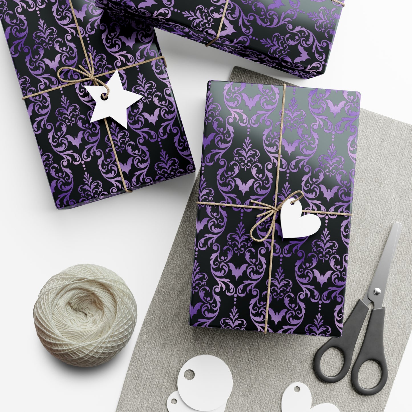 Purple Damask Bats, Victorian Goth Inspired, Dark Academia Goth Christmas & Creepmas Glam Goth Black Gift Wrap Paper