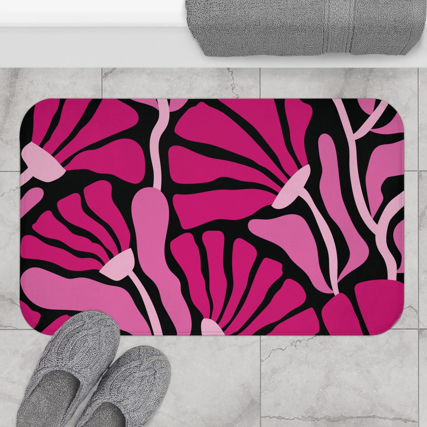 Groovy Mod Minimalist Flowers MCM Black & Pink Bath Mat