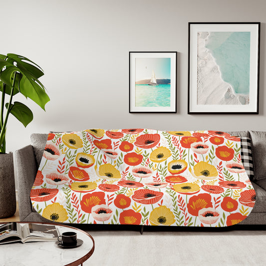 Retro 60's Mid Century Mod Poppies Floral Cottagecore Yellow, Orange & Green Sherpa Blanket