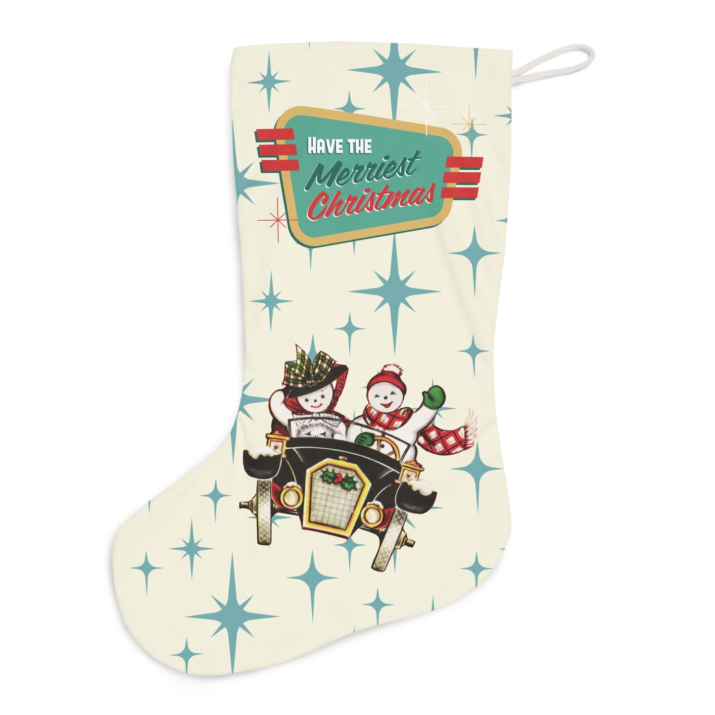 Retro 50s Vintage Snowman Couple, Atomic Starburst Mid Century Cream & Blue Christmas Stocking