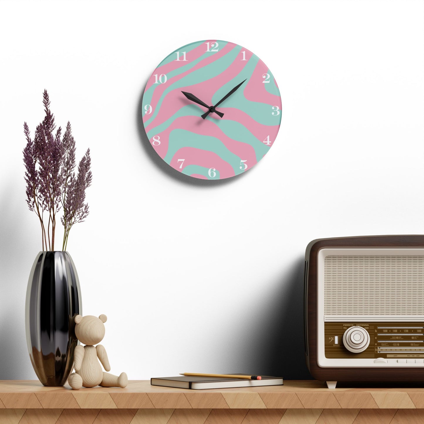 Groovy 60s Hippie Swirl 50s Pink & Green Mid Century Mod Acrylic Wall Clock