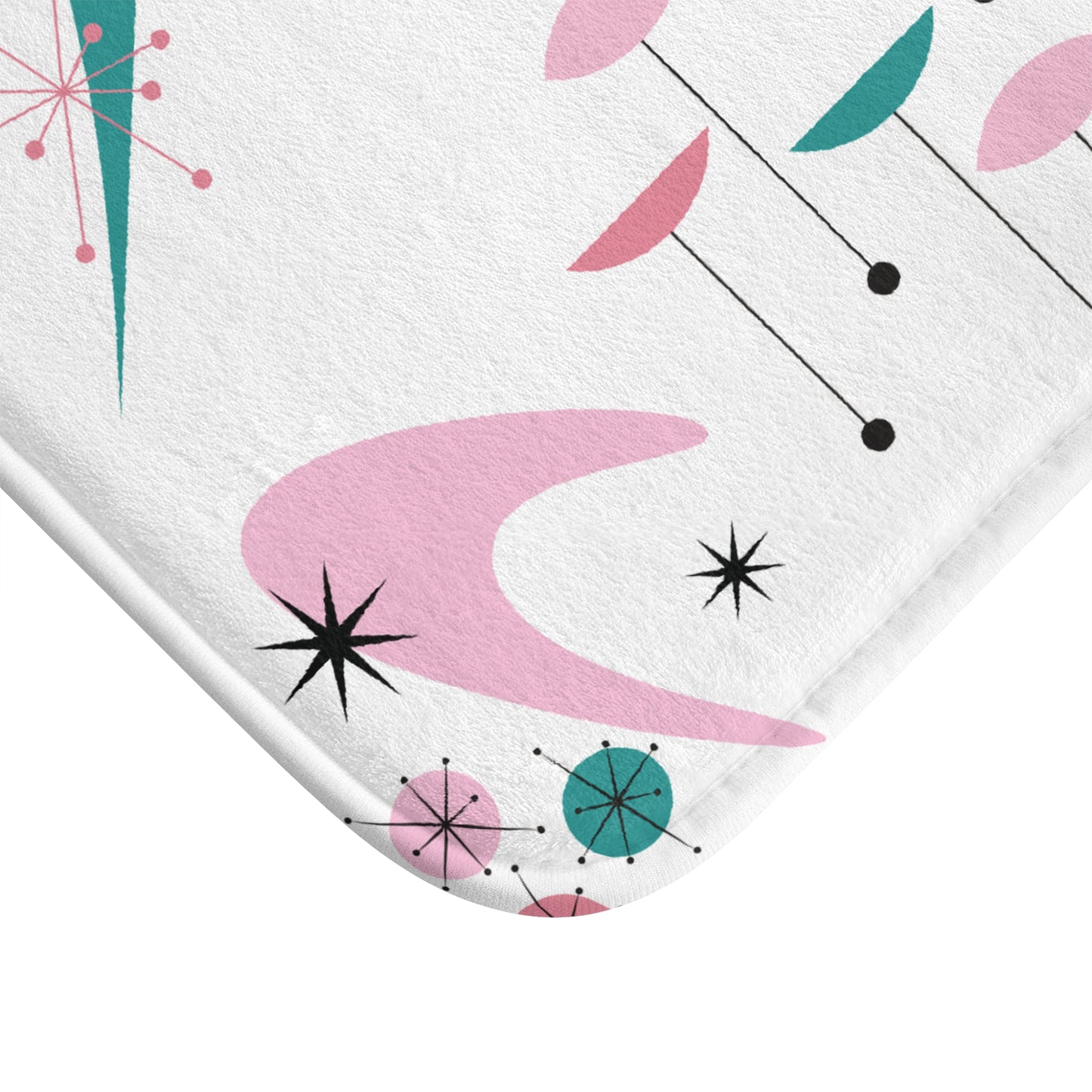 Retro 50s Atomic Black Cat, Boomerang & Starburst MCM Pink, Teal-Green & White Bath Mat