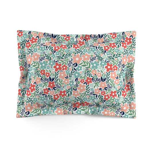 Retro Minimalist Scandi Flowers Cottagecore MCM Vintage Inspired Coral & Teal Pillow Sham