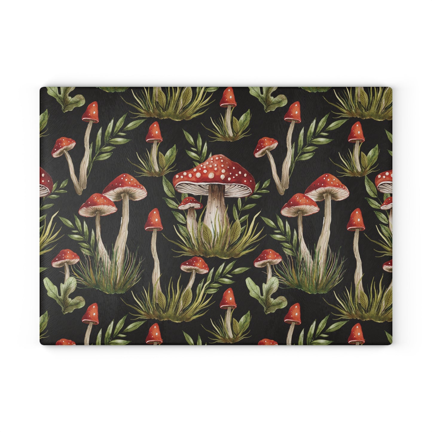 Amanita Muscaria Mushroom, Boho Dark Cottagecore Watercolor Black, Red & Green Glass Cutting Board