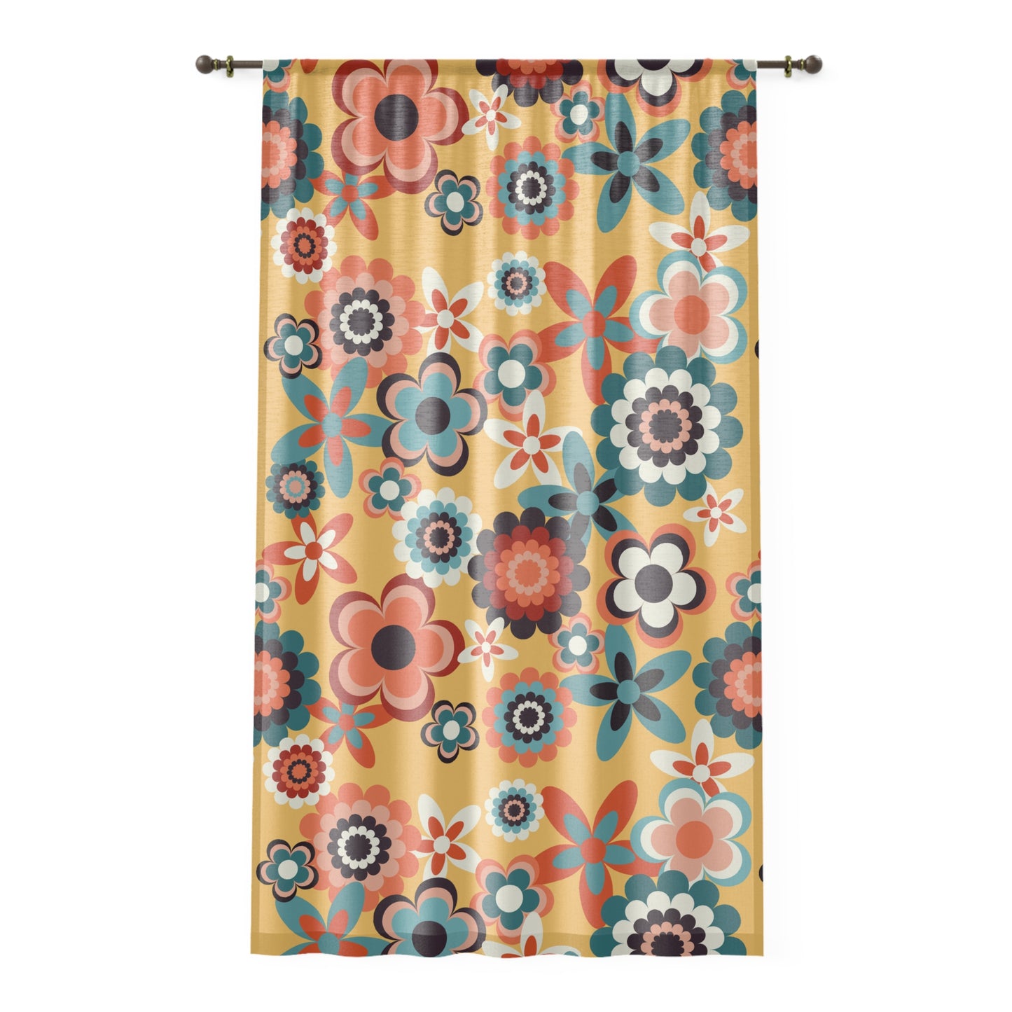 Retro 60s 70s Groovy Flowers Boho Mid Century Mod Yellow, Coral & Blue Sheer Window Curtain