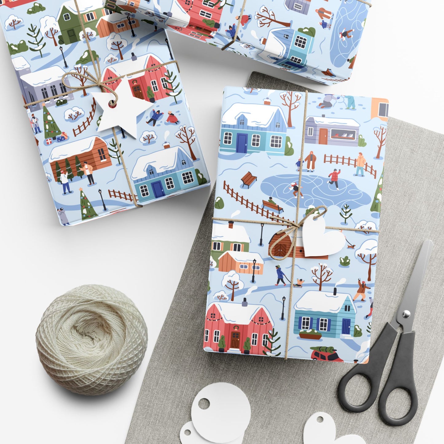 Small Town Christmas Village, Retro Vintage Winter Scene, Multicolor Eco-Friendly Gift Wrap
