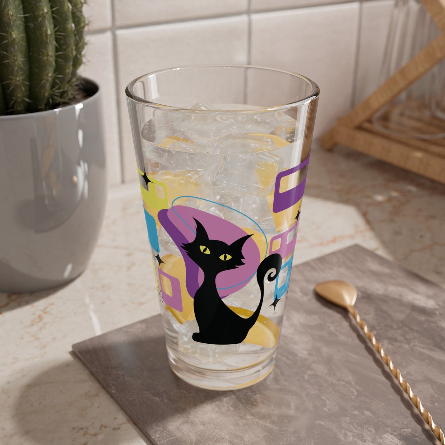 Retro 50s Atomic Black Cat Mid Century Modern Pink, Purple & Blue Pint Glass