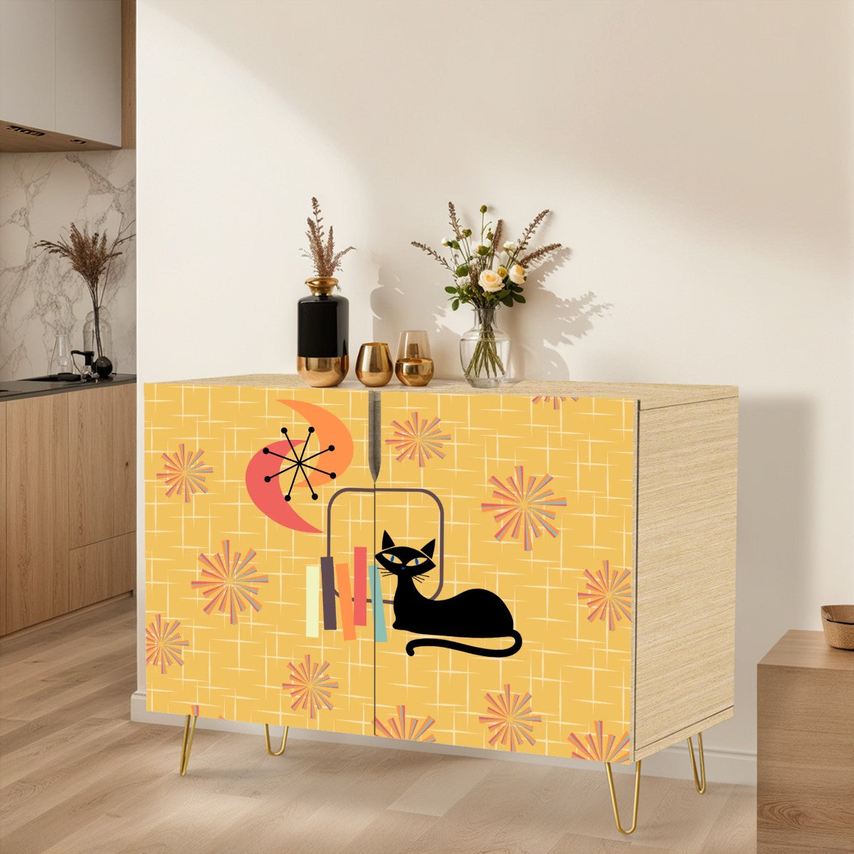 Retro Atomic Cat & 50's Starbursts Yellow Mid Century Modern Sideboard, Credenza, Wooden Storage Cabinet
