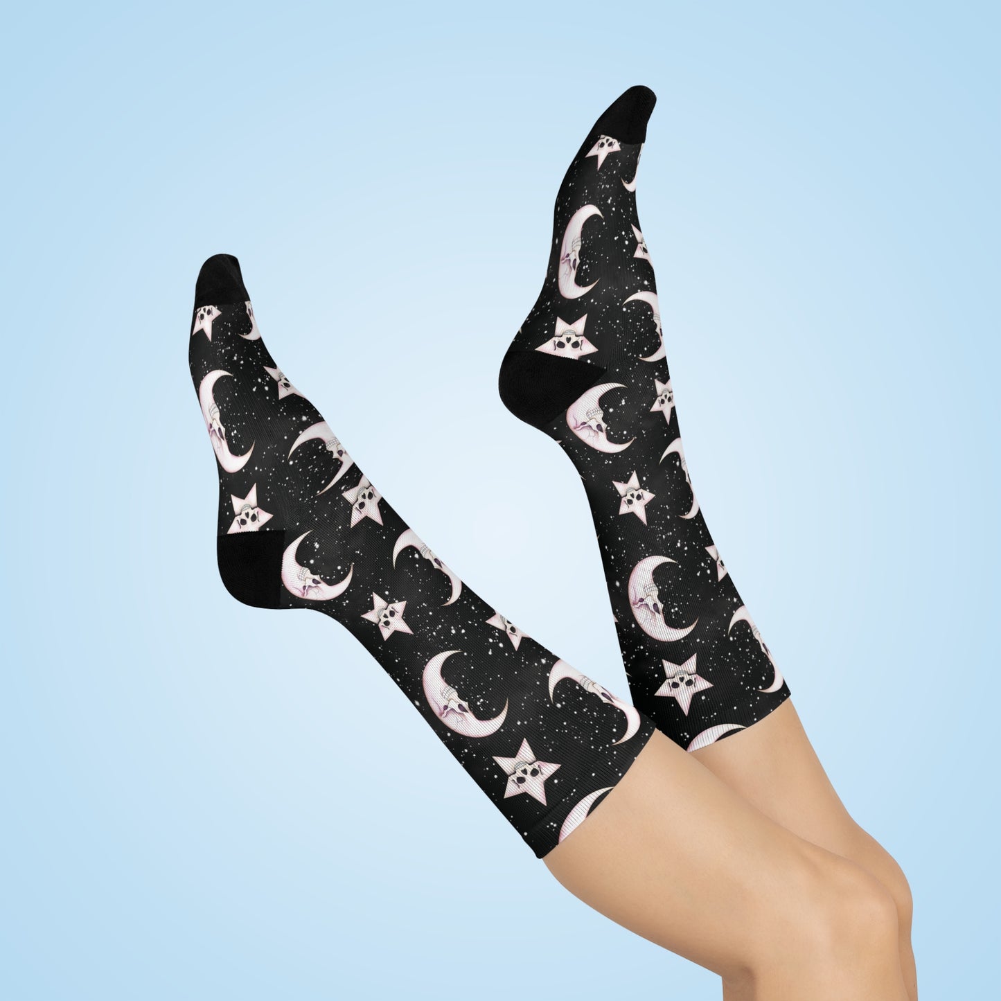 Goth Christmas Celestial Moon & Stars, Whimsical Kawaii Creepmas Black Cushioned Crew Socks