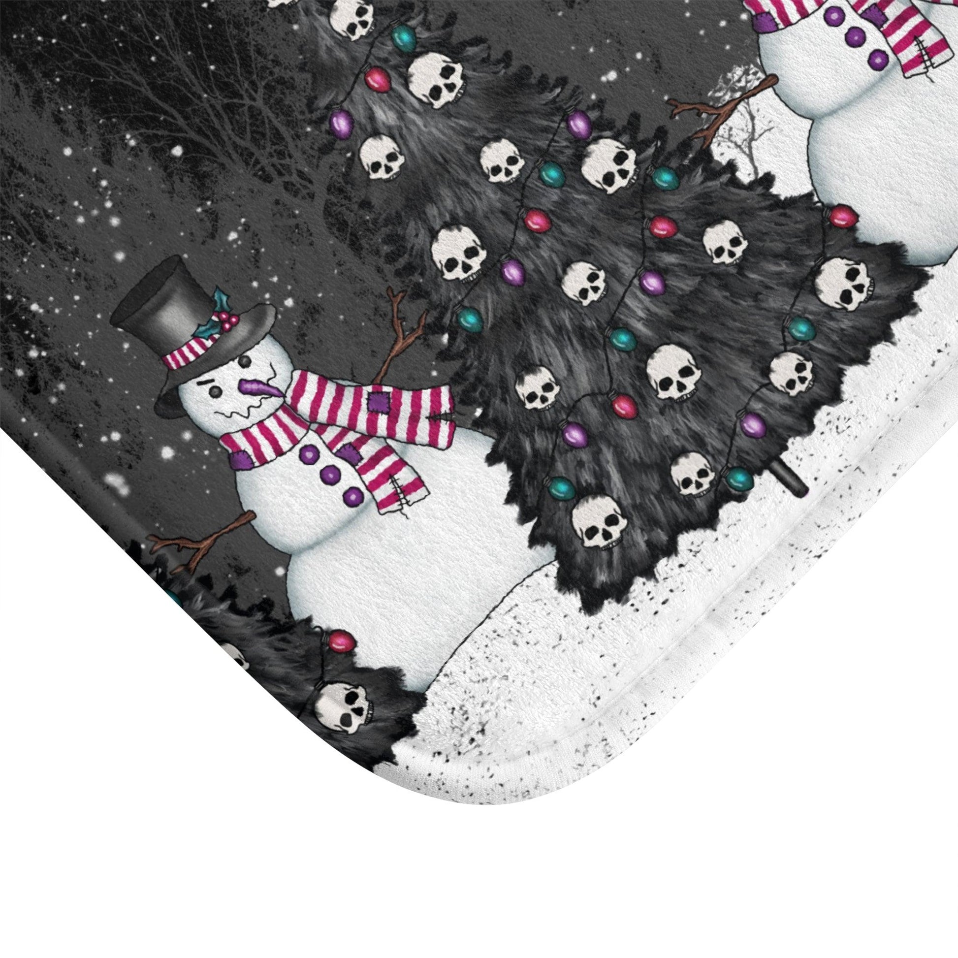 Creepy Snowmen Goth Christmas Tree Farm, Black Holiday Bath Mat | lovevisionkarma.com