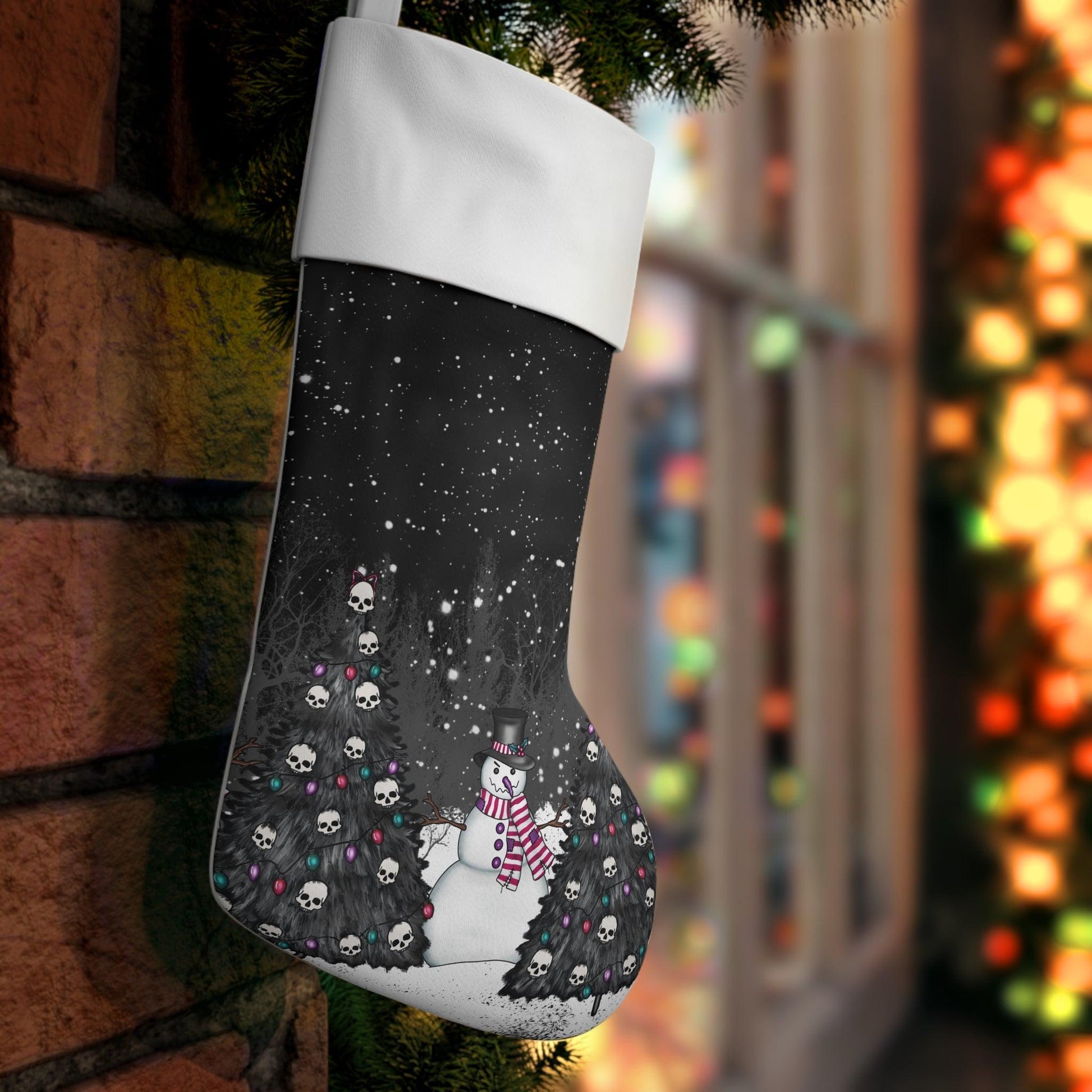 Creepy Snowman Goth Christmas Tree, Black Creepmas Holiday Stocking | lovevisionkarma.com