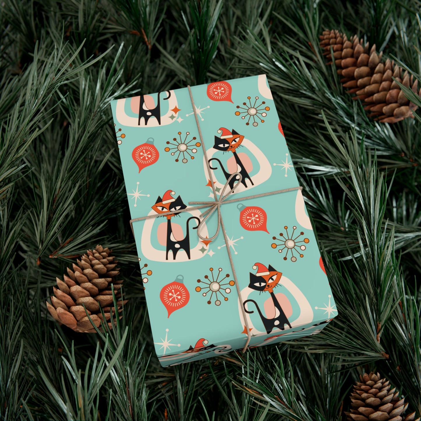 Retro 50's Atomic Cat & Starbursts Kitschy Christmas Mid Century Modern Blue Eco-Friendly Wrapping Paper