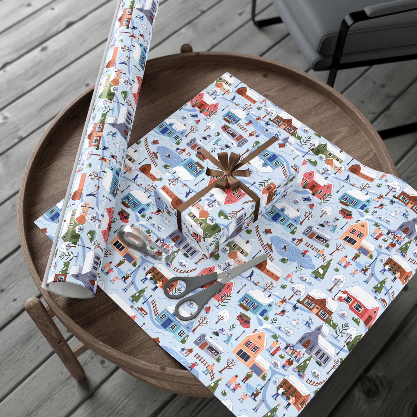 Small Town Christmas Village, Retro Vintage Winter Scene, Multicolor Eco-Friendly Gift Wrap