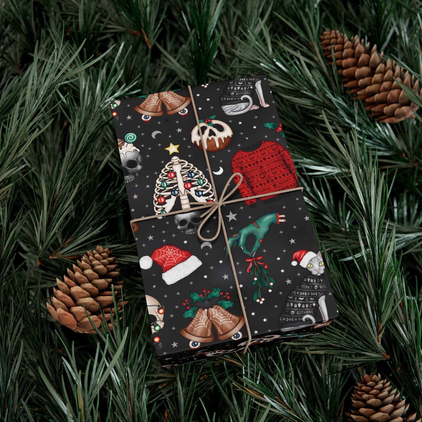 Kitschy Kawaii Goth Christmas, Creepy Cute Whimsigoth Creepmas Black Eco-Friendly Gift Wrap Paper