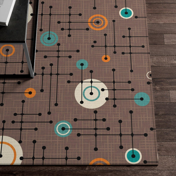 Retro Mid Century Eames Inspired Lines and Circles Brown Anti-Slip Accent Rug