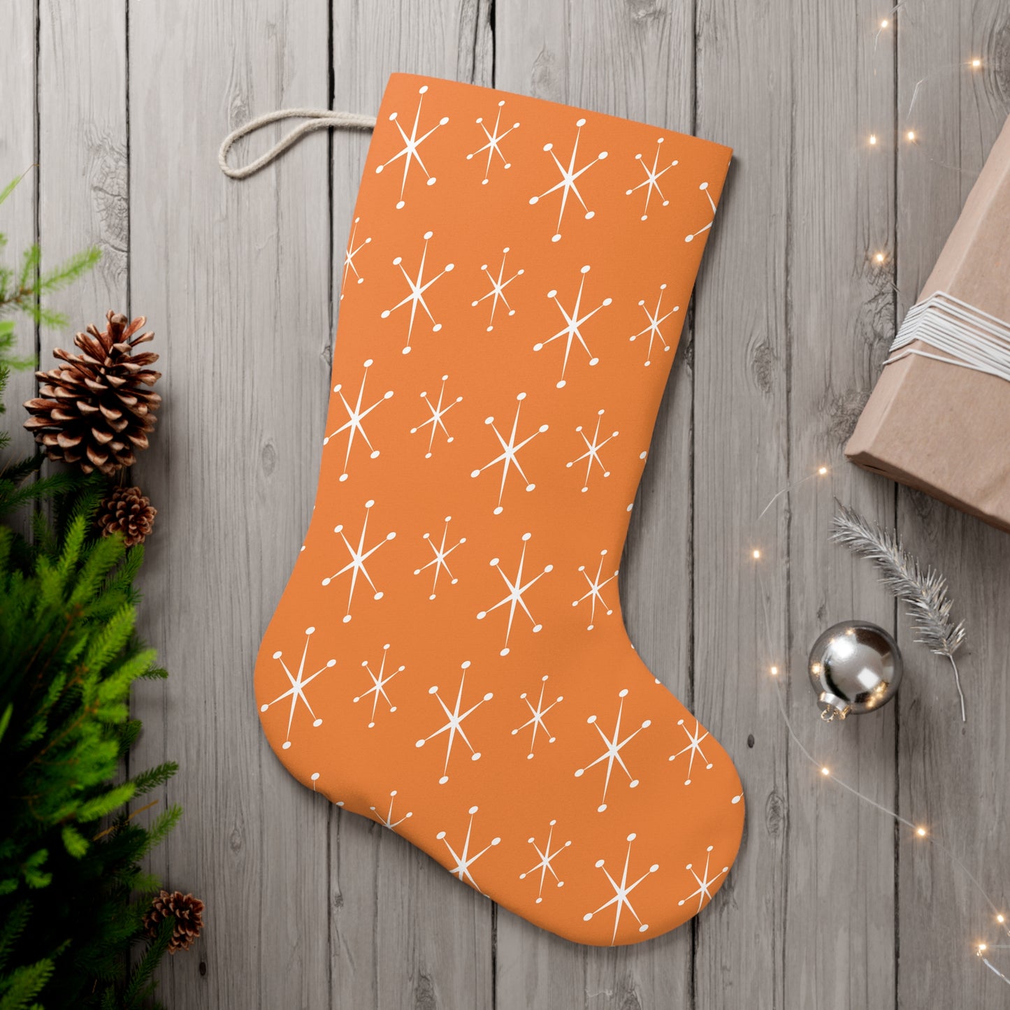 Retro 50s 60s Atomic Starburst Mid Century Mod Tangerine Orange Christmas Stocking