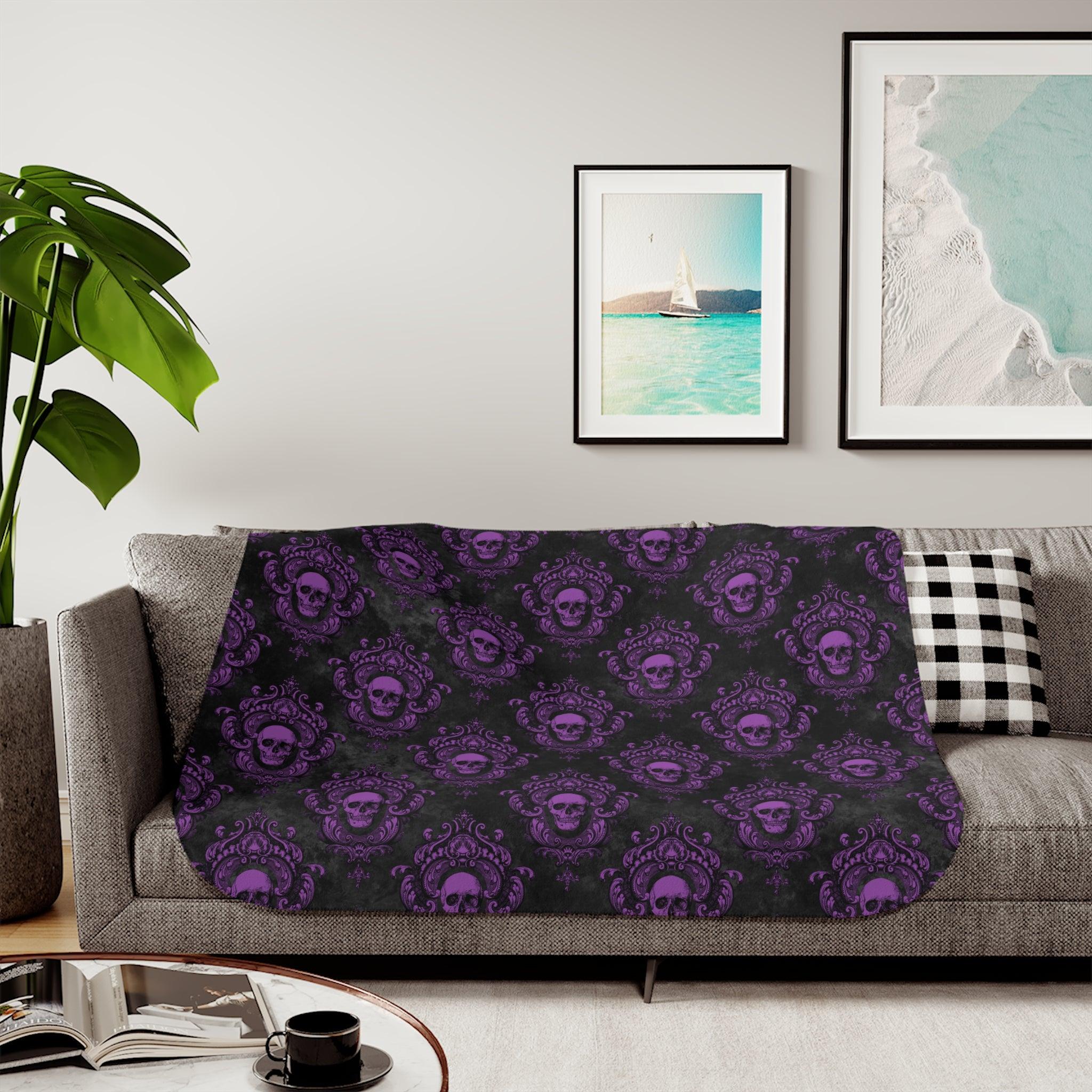 Gothic Purple Skulls on Black Halloween Pillow Goth Glam