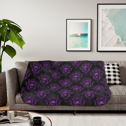 Gothic Purple Skull with Ornate Frame, Purple and Black Glam Goth Sherpa Blanket | lovevisionkarma.com