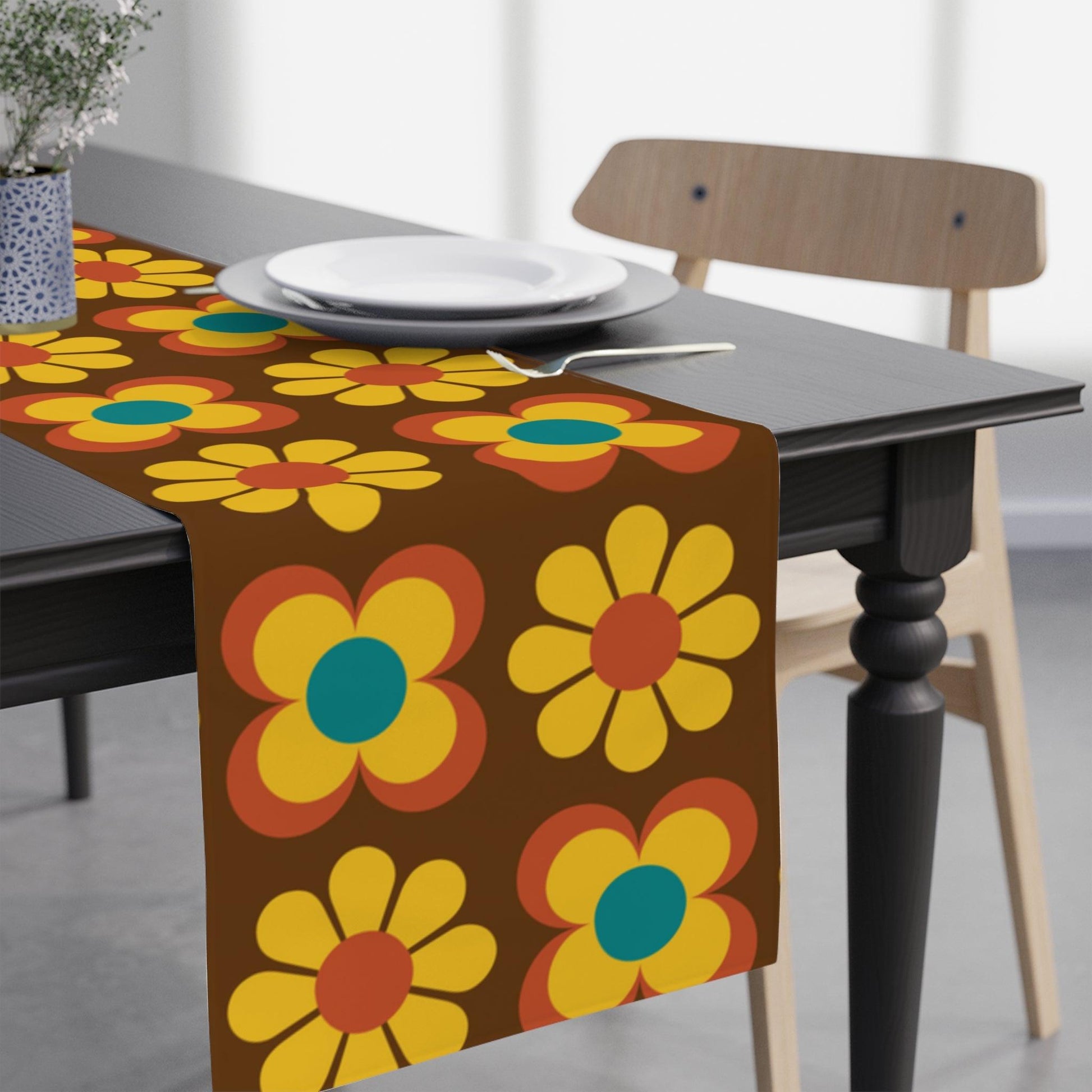 Retro 60s 70s Mod Flowers Brown, Orange & Yellow MCM Table Runner | lovevisionkarma.com