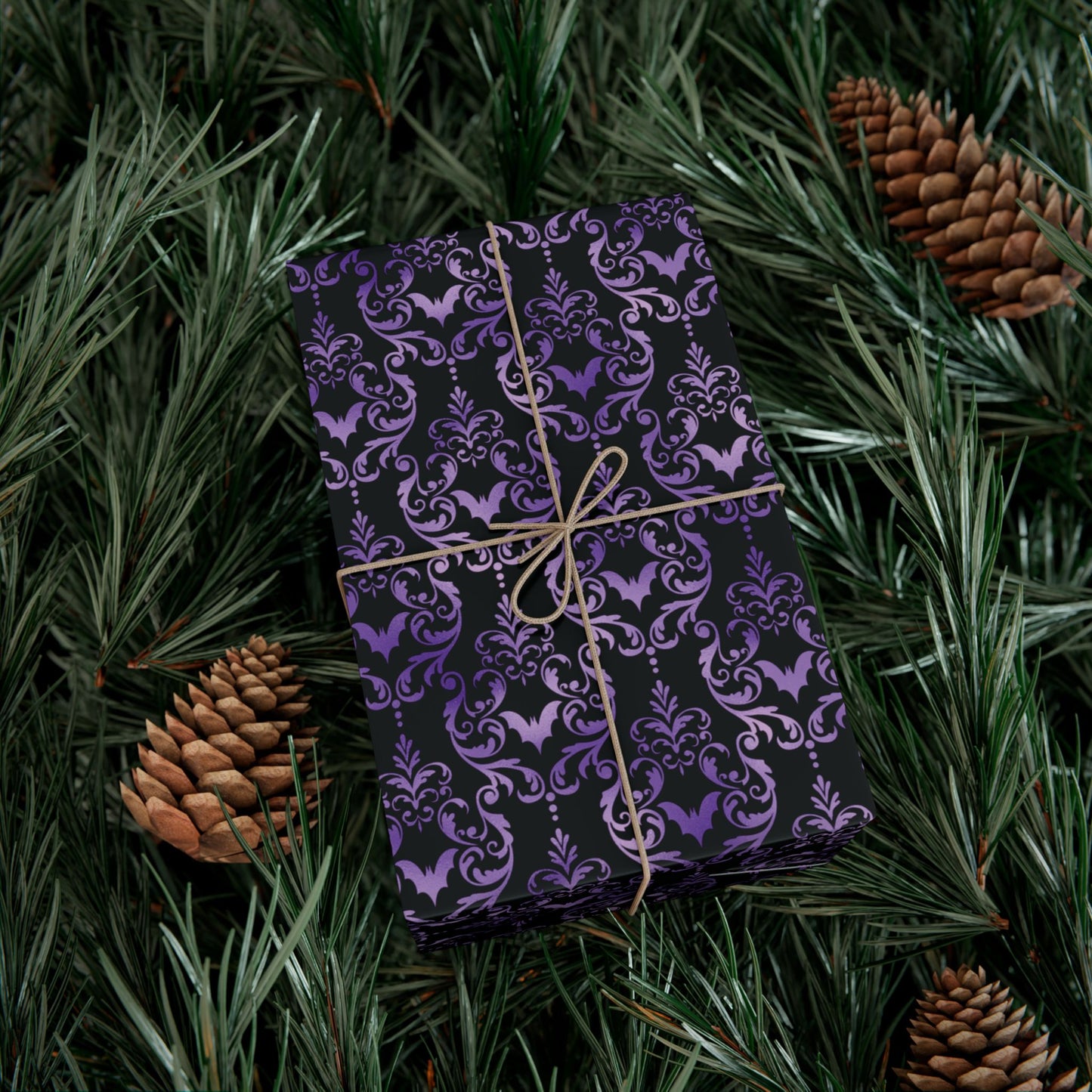 Purple Damask Bats, Victorian Goth Inspired, Dark Academia Goth Christmas & Creepmas Glam Goth Black Gift Wrap Paper