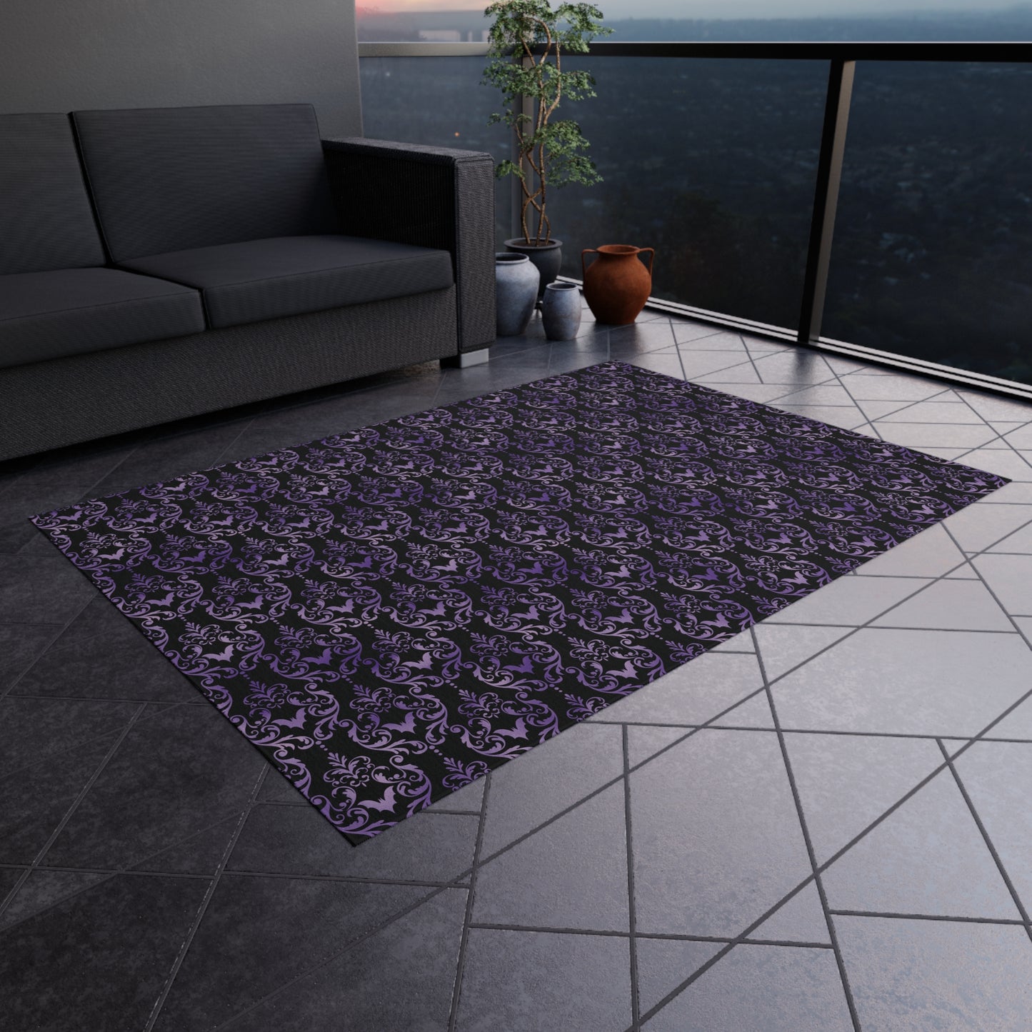 Victorian Goth Inspired Bat Damask Dark Academia Glam Goth Purple & Black Anti-Slip Accent Rug