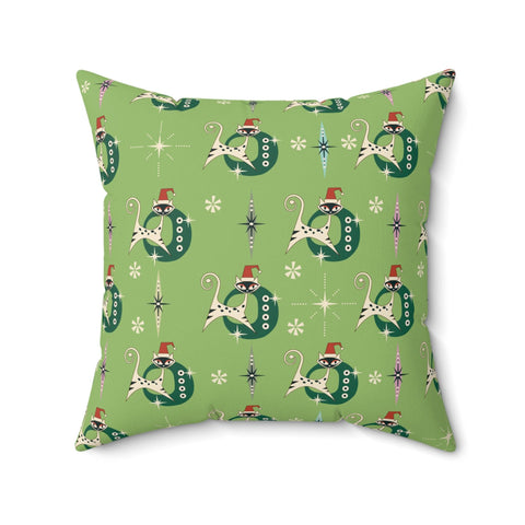 Retro 50s Kitsch Atomic Cats Mid Century Mod Light Green Christmas Throw Pillow | lovevisionkarma.com