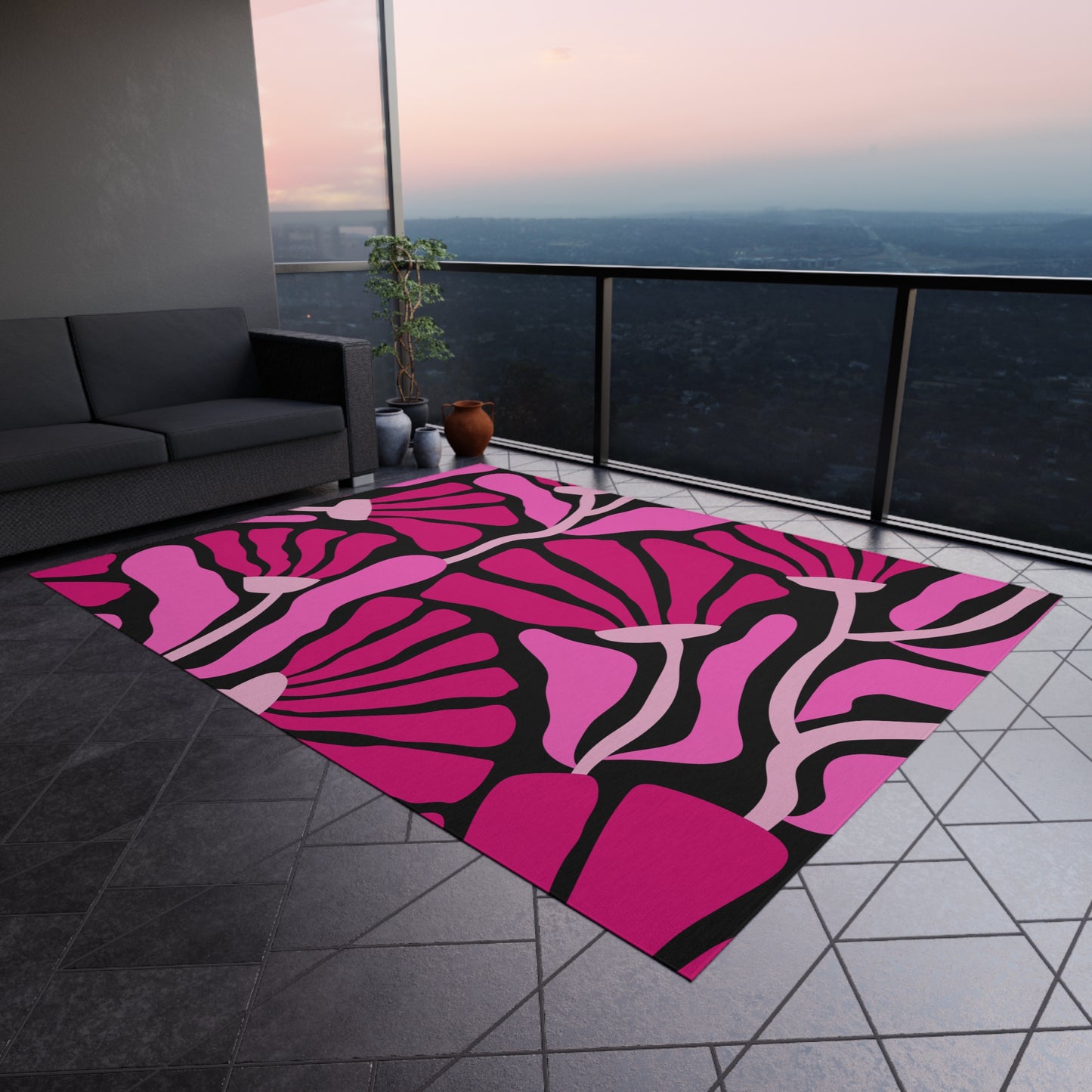 Groovy Abstract Pink Minimalist Retro Mod Flowers Indoor/Outdoor Accent Rug