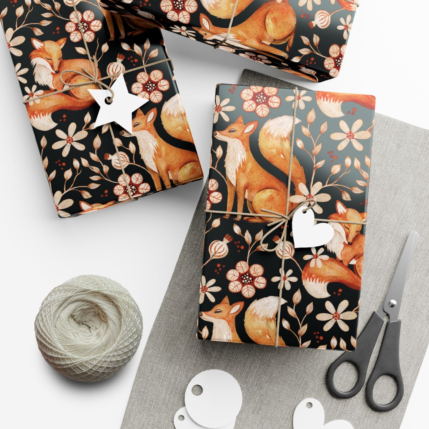 Enchanted Woodland Fox, Floral Dark Cottagecore Watercolor Style, Black Eco-Friendly Gift Wrap