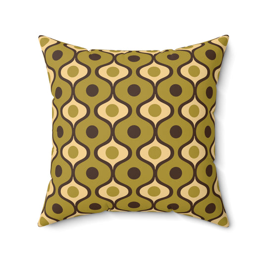 Decorative mid century mod green and brown pillow with a geometric pattern on a white background