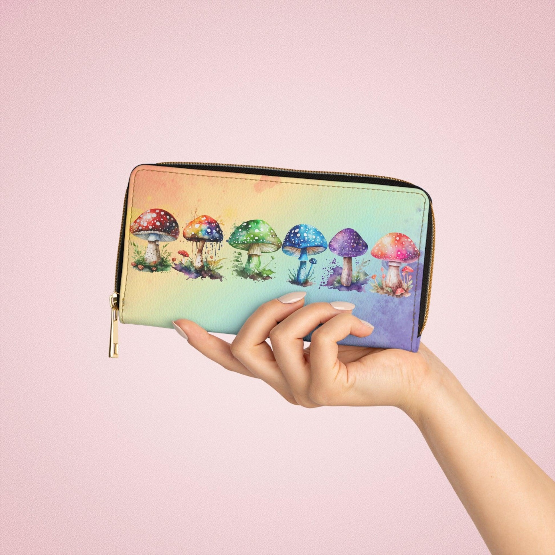 Rainbow Mushrooms Colorful Watercolor Multicolor Zipper Wallet | lovevisionkarma.com