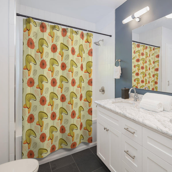 Retro Atomic Boomerangs & Leaves MCM Orange, Green & Yellow Shower Curtain