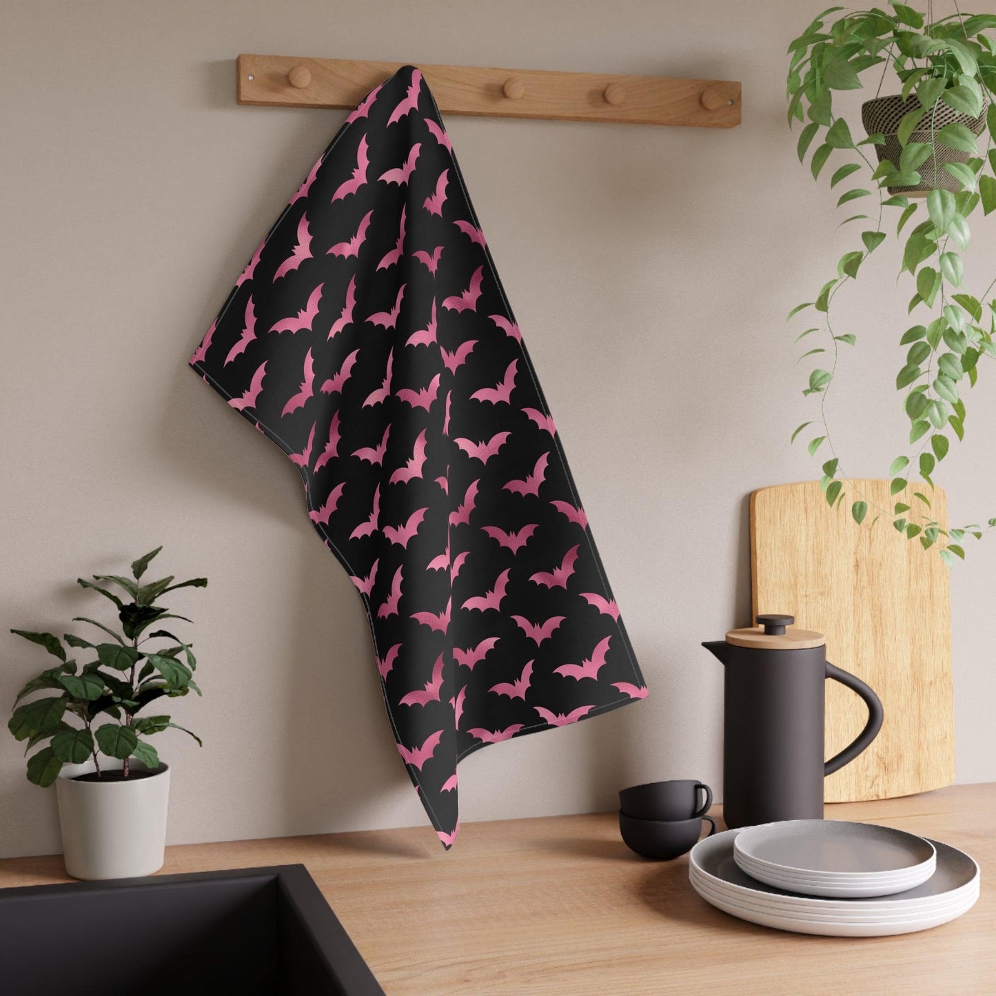 Pink Bats Spooky Halloween Glam Goth Black Kitchen Tea Towel | lovevisionkarma.com