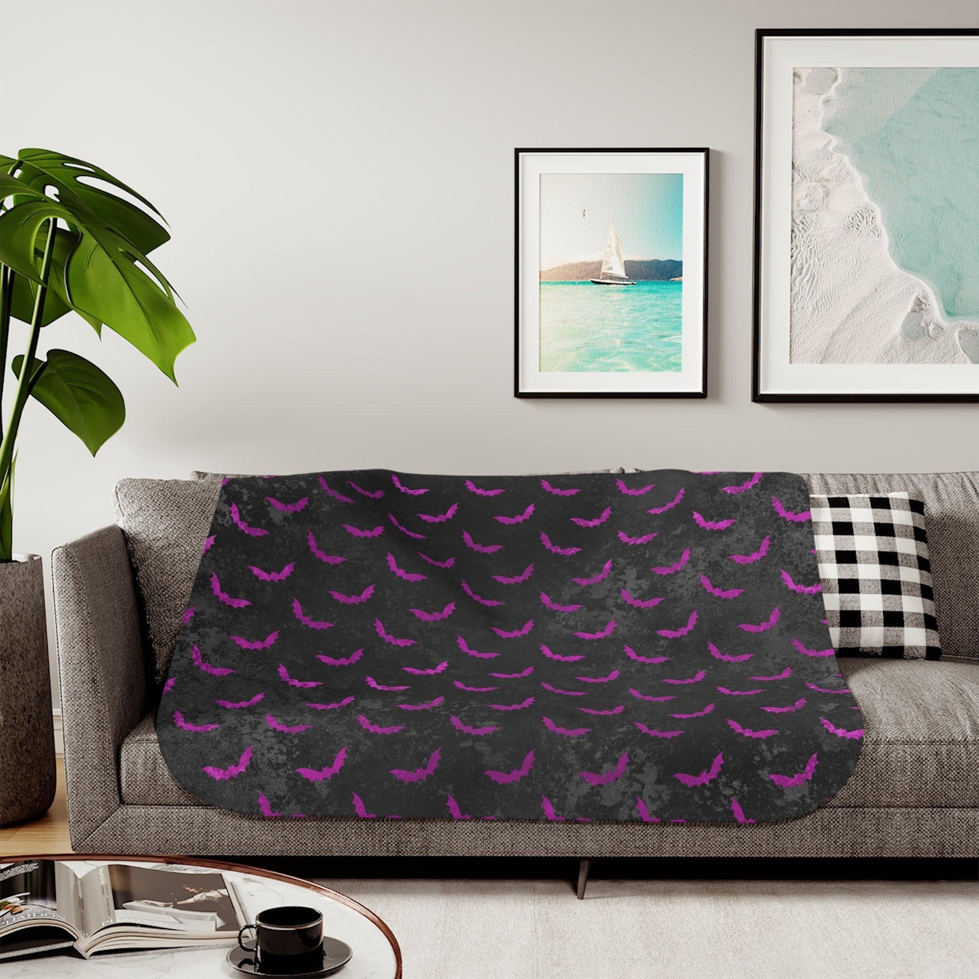 Purple Bats, Distressed Black Halloween Sherpa Blanket | lovevisionkarma.com