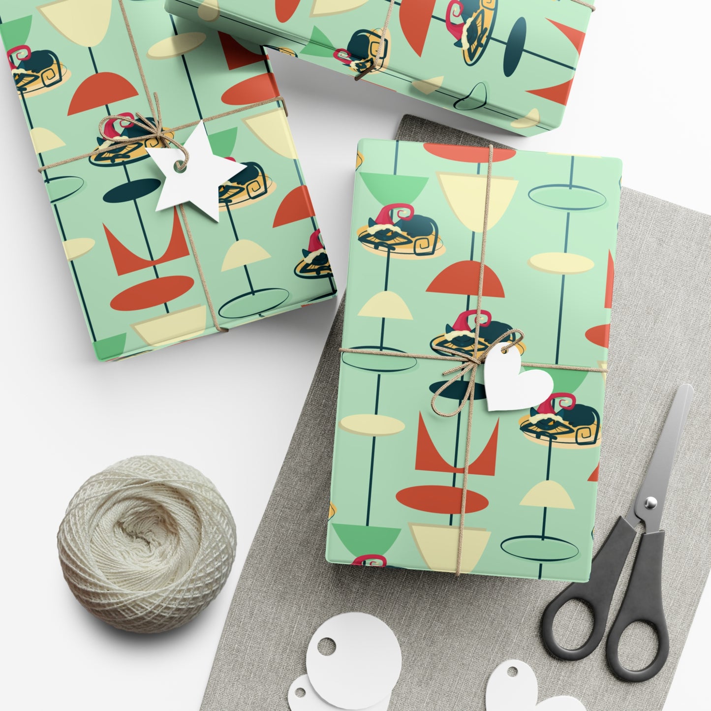 Retro 50's Atomic Cat Christmas Kitschy Mid Century Modern Green Eco-Friendly Wrapping Paper