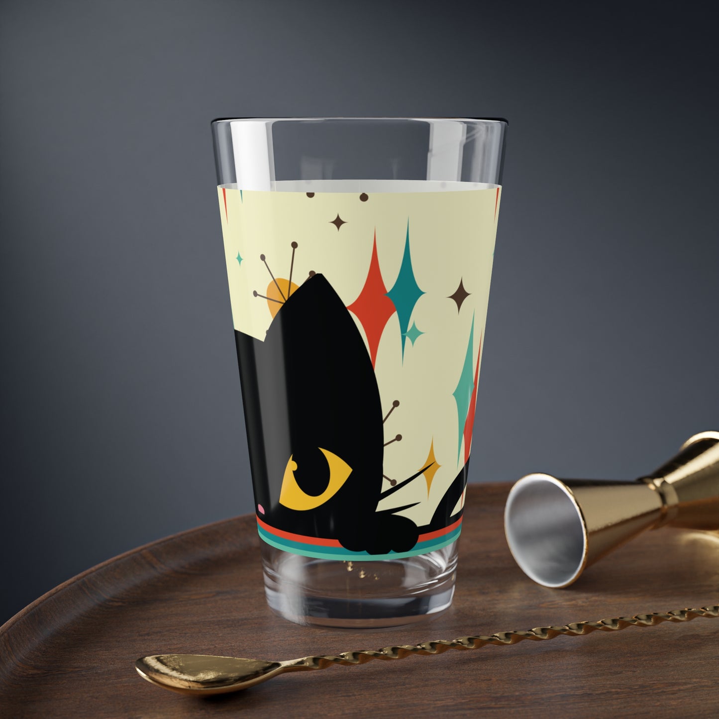 Retro 50s Atomic Black Cat, Diamonds and Bursts Mid Century Mod Multicolor Pint Glass