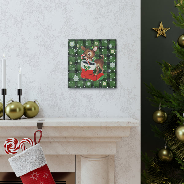 Retro 50s Christmas Vintage Reindeer MCM Green Canvas Gallery Wrap