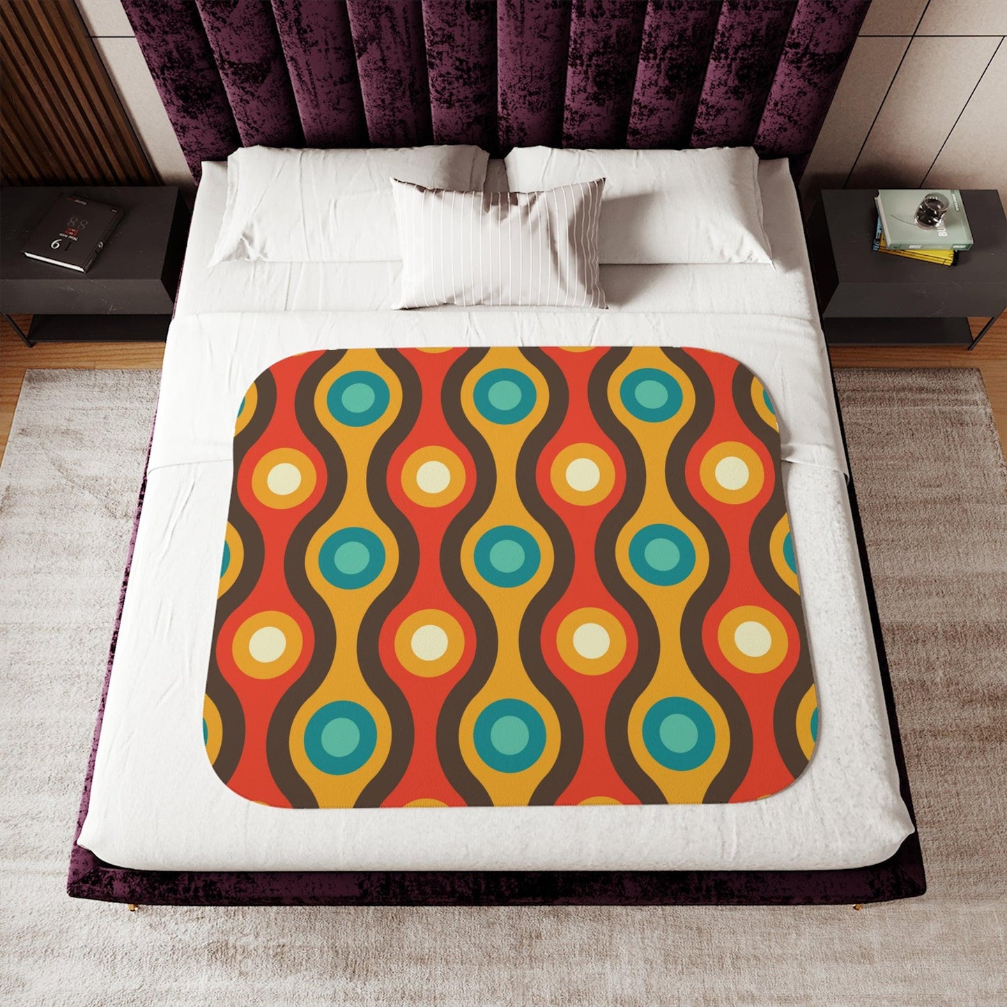 Retro 60s 70s Mid Century Mod Waves & Circles, Orange & Brown Sherpa Blanket | lovevisionkarma.com