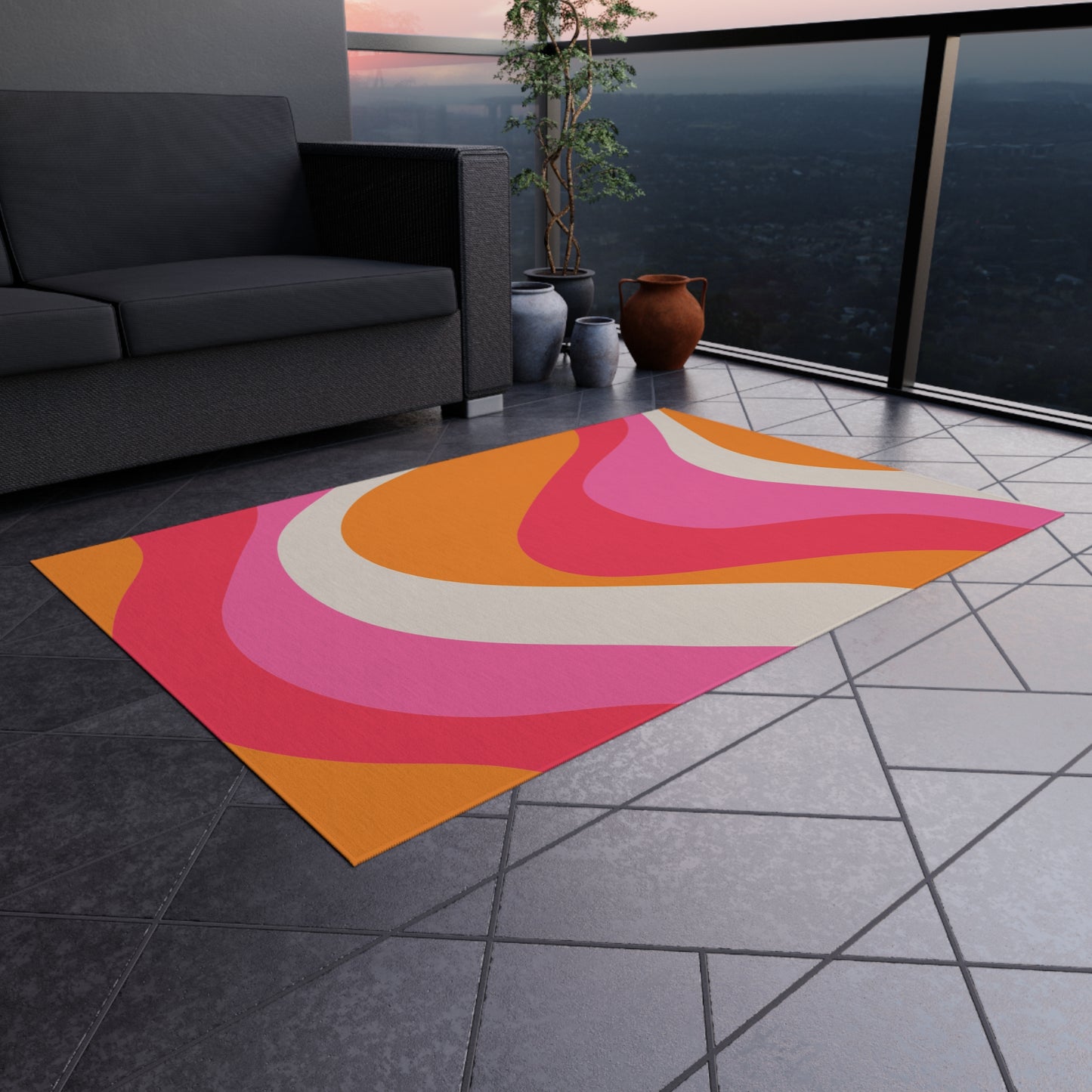 Groovy 60's Retro Mid Century Mod Swirl Pink, Orange & Cream Indoor/Outdoor Anti-Slip Accent Rug