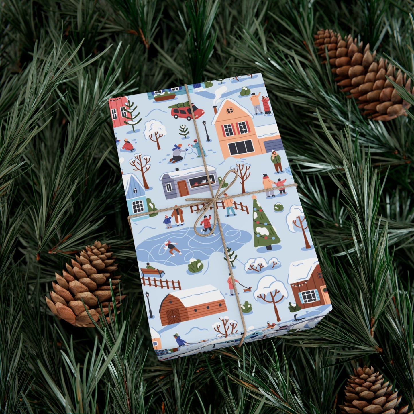 Small Town Christmas Village, Retro Vintage Winter Scene, Multicolor Eco-Friendly Gift Wrap