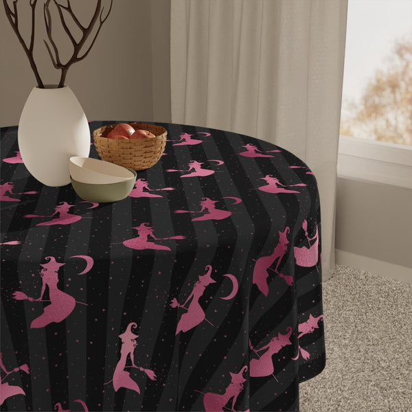 Flying Witch Silhouette Glam Goth Halloween Pink and Black Tablecloth