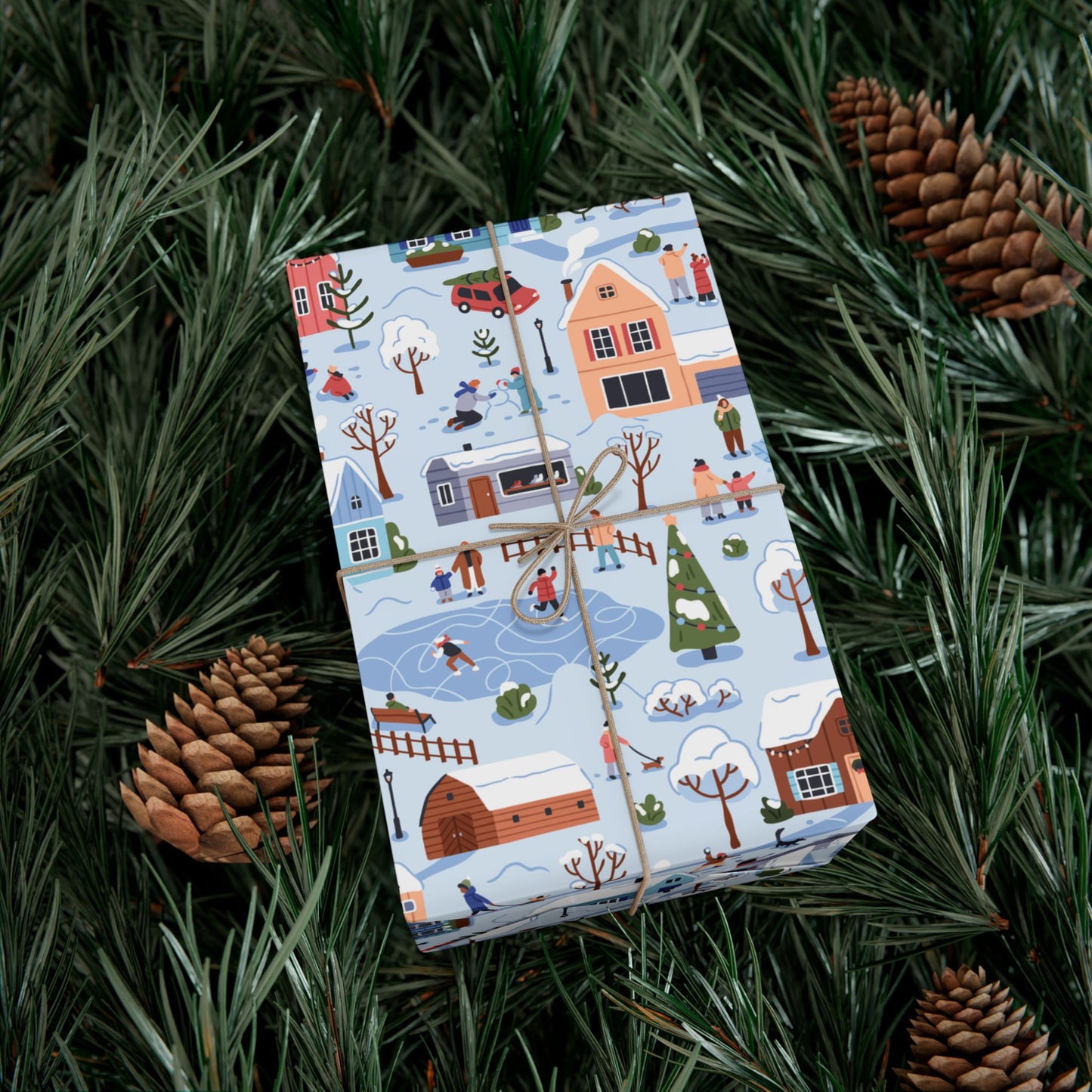 Small Town Christmas Village, Retro Vintage Winter Scene, Multicolor Eco-Friendly Gift Wrap