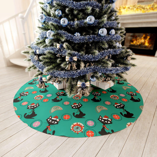 Retro 50s Atomic Mid Century Cats Festive Teal Blue Christmas Tree Skirt | lovevisionkarma.com