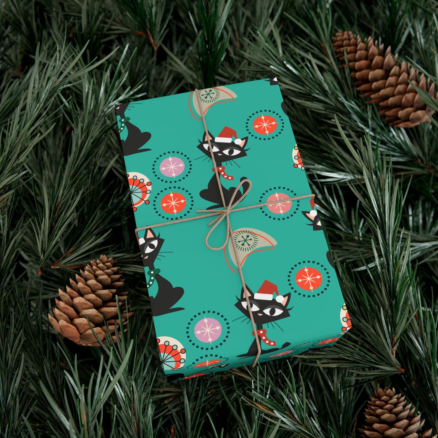 Retro 50's Atomic Cat Christmas Kitschy Mid Century Modern Teal Blue Eco-Friendly Wrapping Paper