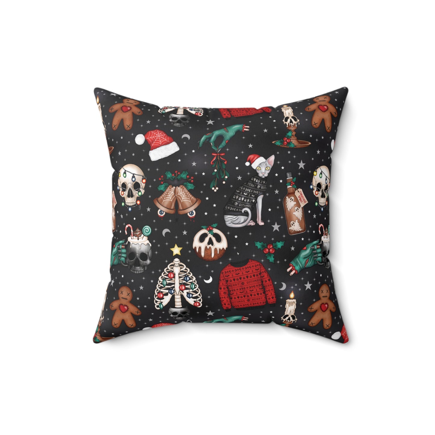 Kitschy Kawaii Goth Christmas, Creepy Cute Whimsigoth Black Creepmas Accent Pillow