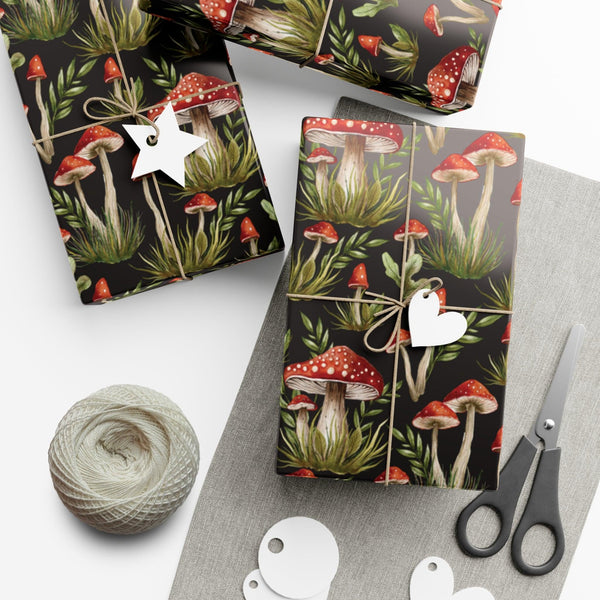 Amanita Muscaria Mushroom, Dark Cottagecore Watercolor Style Black, Red & Green Eco-Friendly Gift Wrap | lovevisionkarma.com