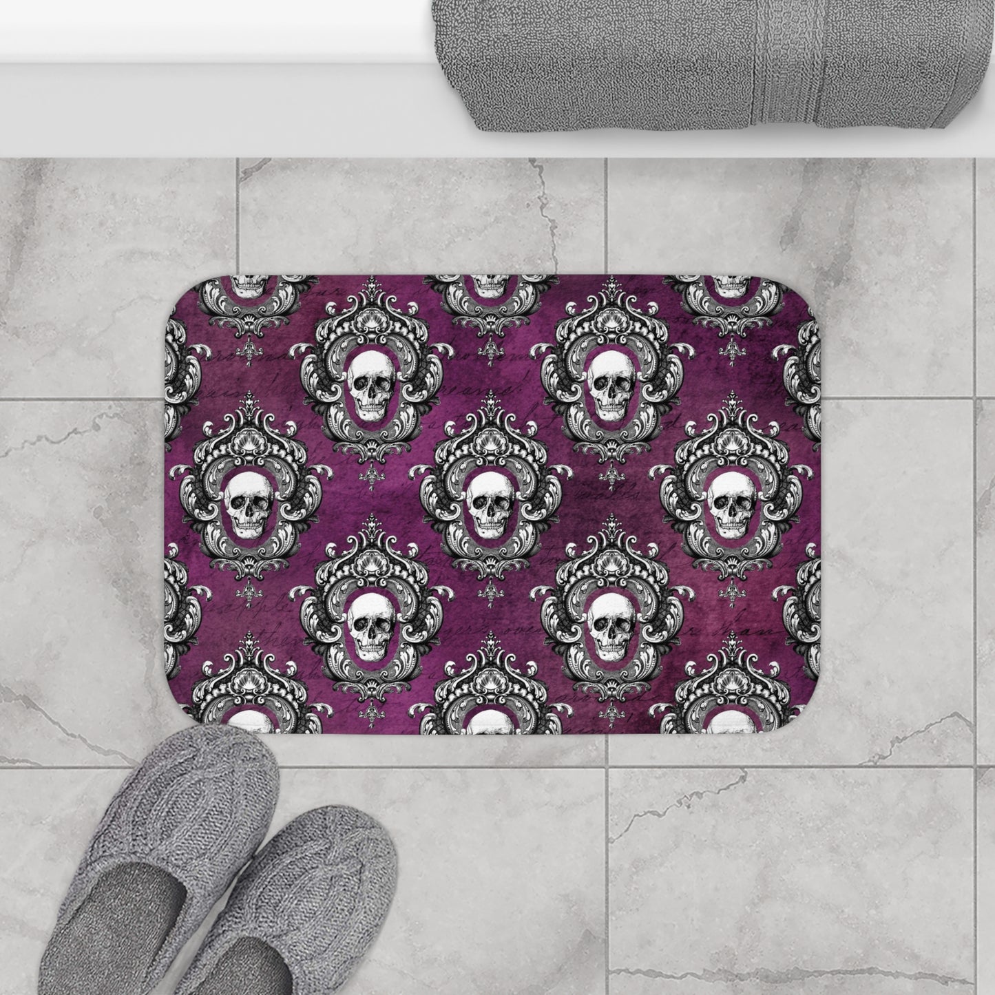 Gothic Skull Dark Academia Ornate Frame, Purple Glam Goth Bath Mat